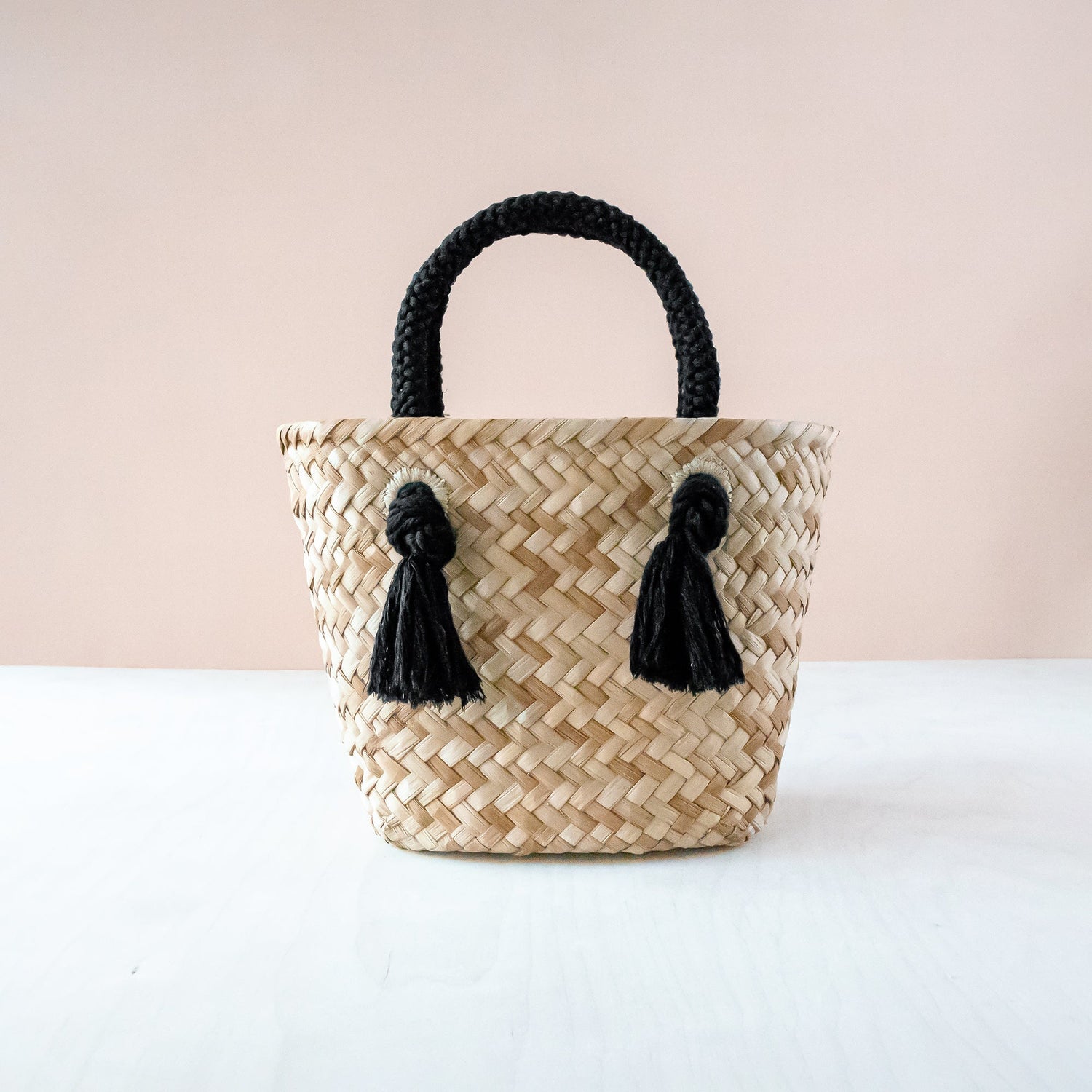 Black Small Modern Straw Tote with Cord Handles