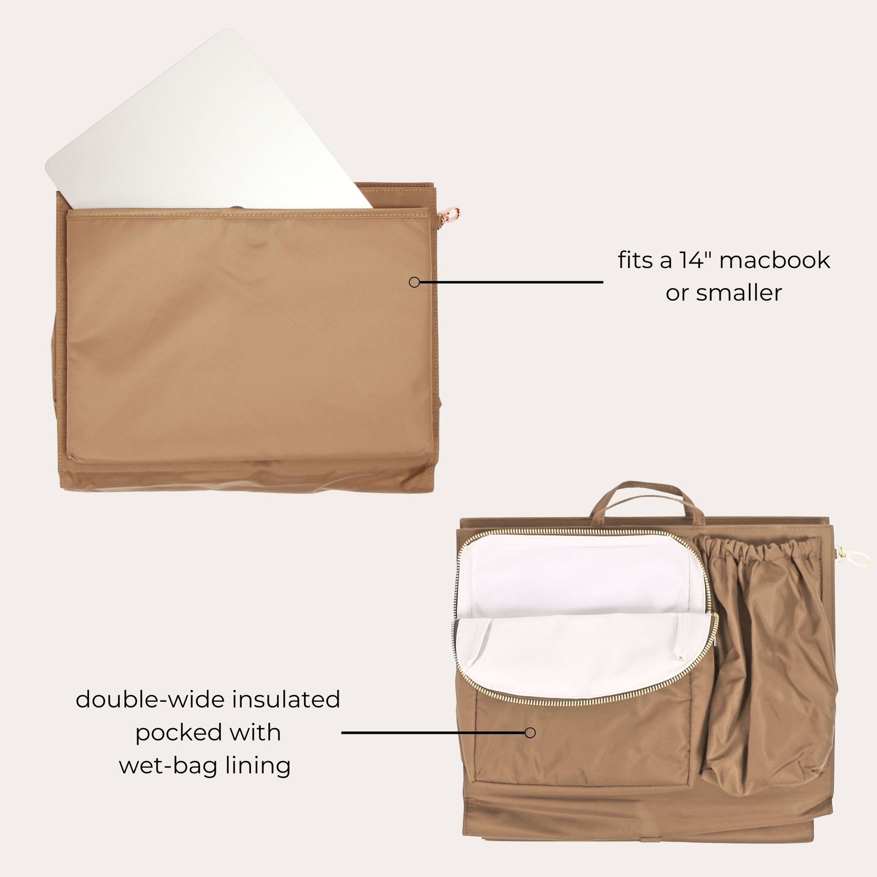 Brown laptop sleeve with text indicating it fits a 14" macbook or smaller and has a double-wide insulated pocket with wet-bag lining.
