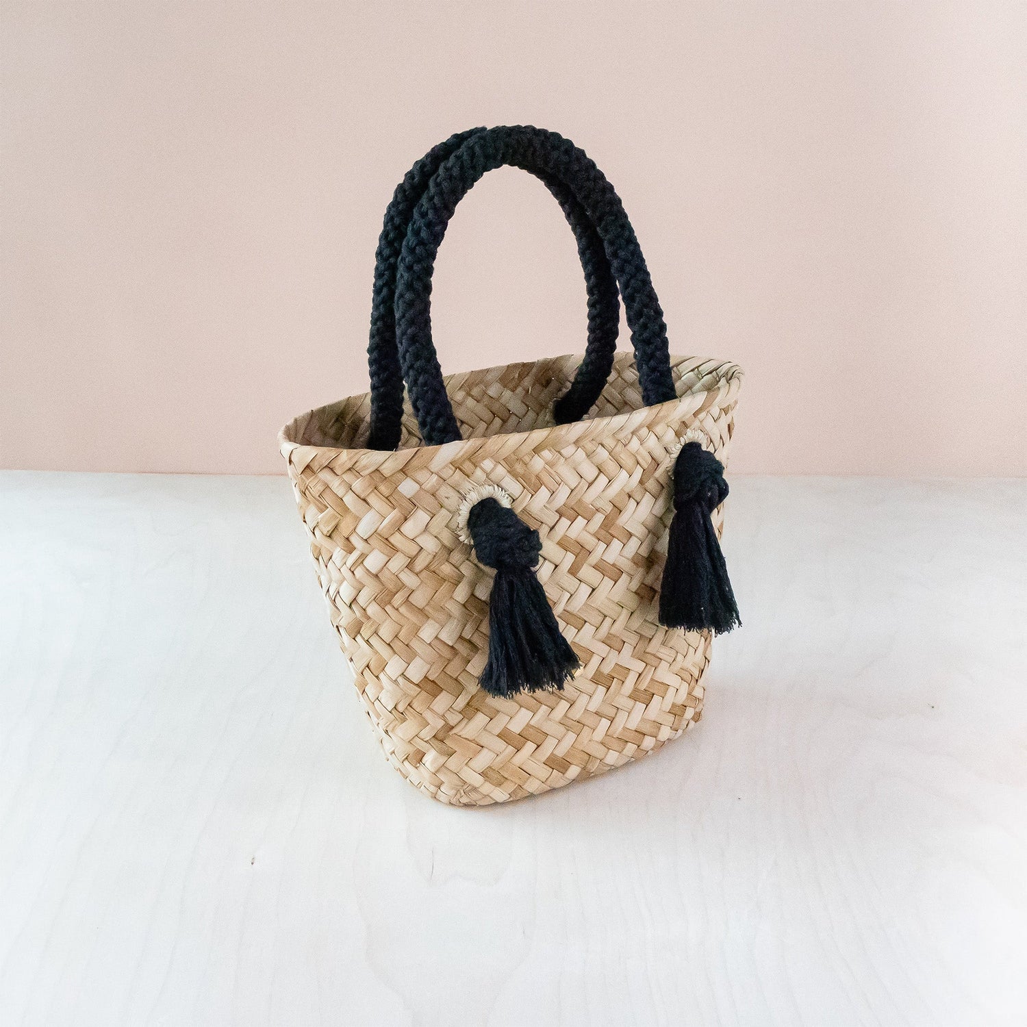 Black Small Modern Straw Tote with Cord Handles