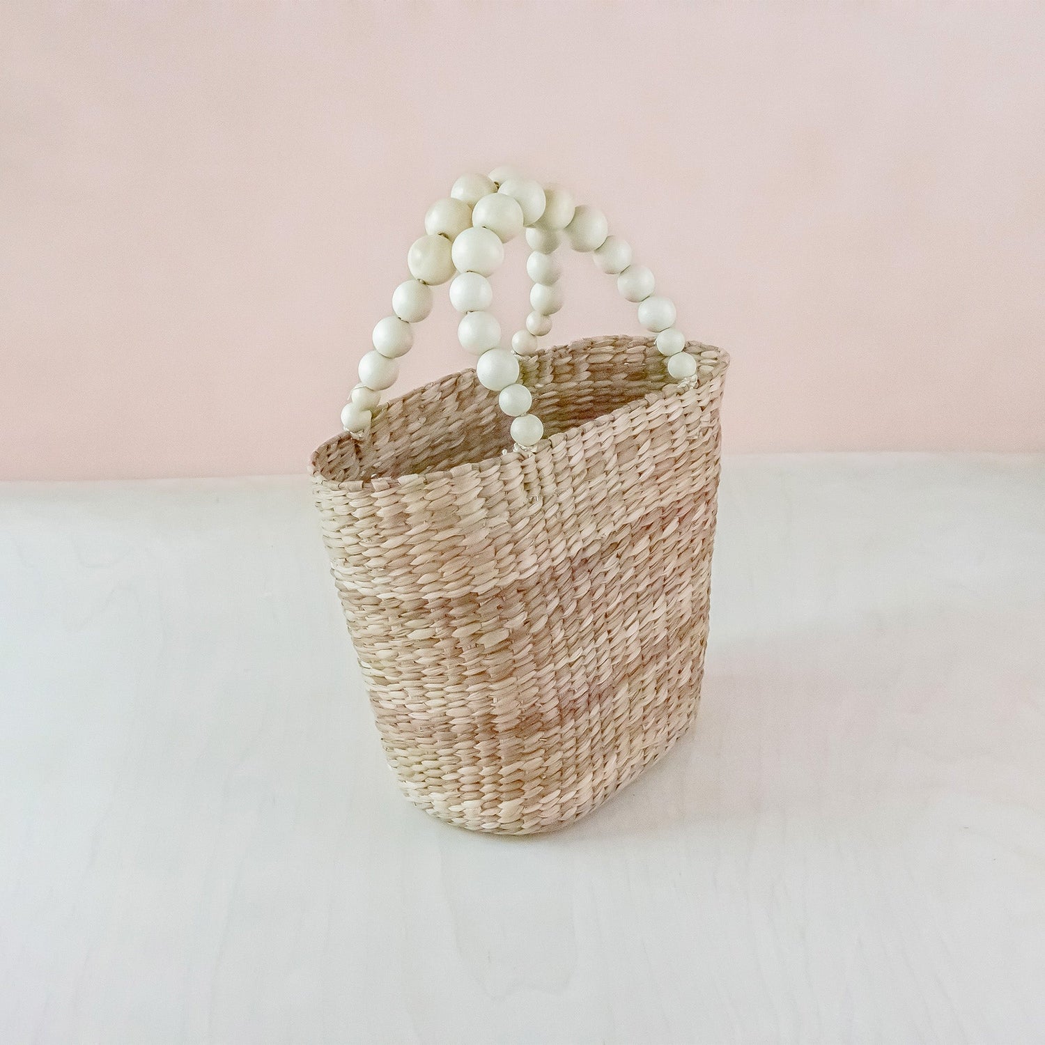 Natural Small Market Tote Bag with Wood Bead Handles